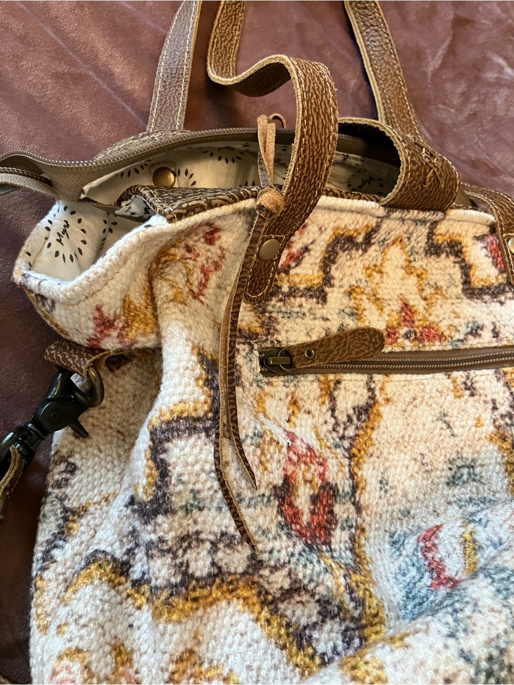Boho Myra Bag Multicolor Woven Tapestry Tote with Brown Leather Trim - Picture 8 of 8